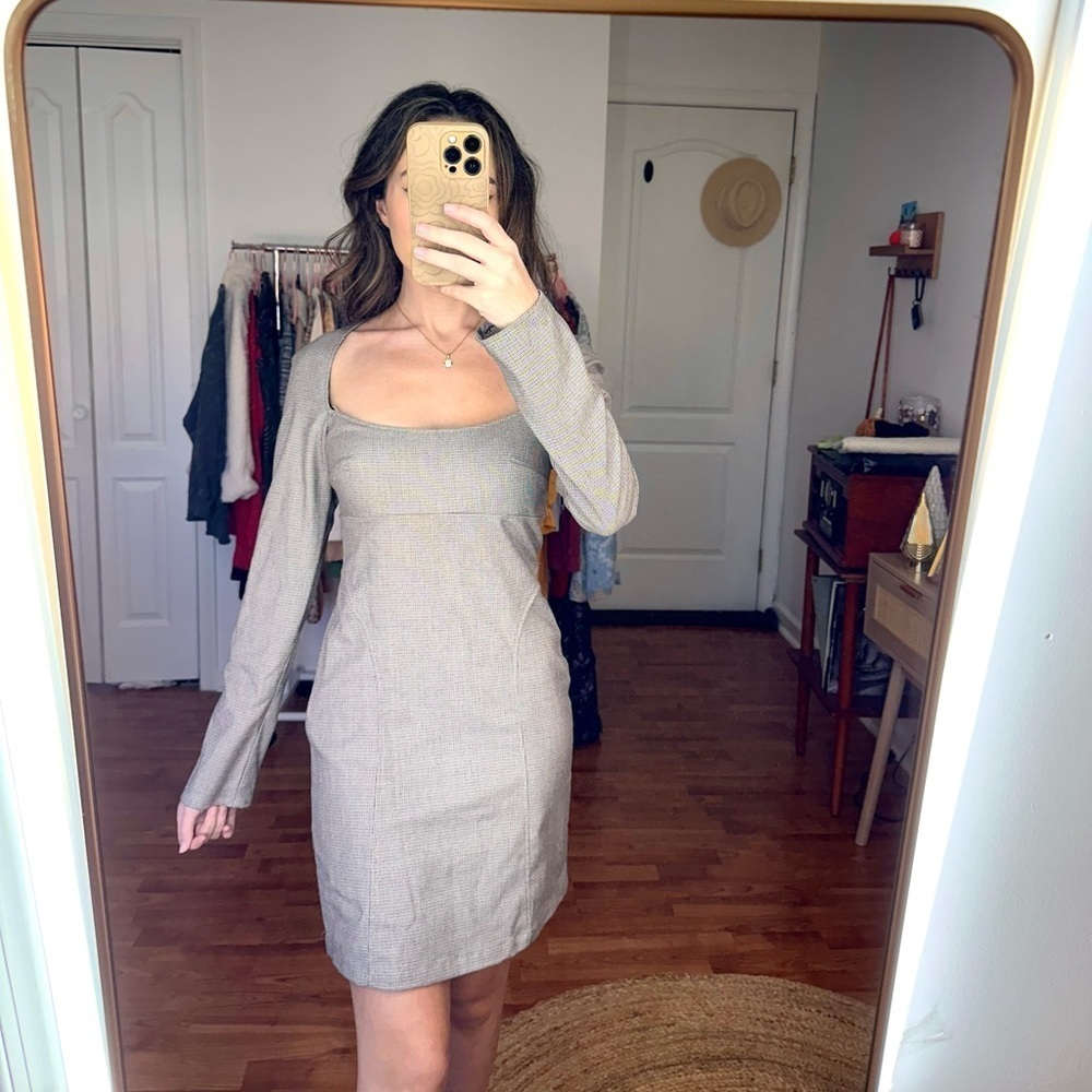 Zara open square neck long sleeve patterned dress